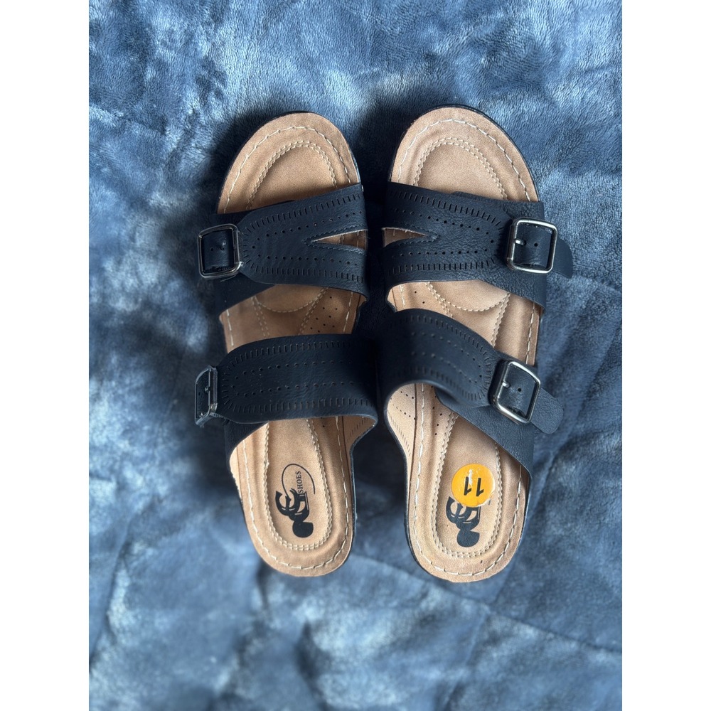 CC Shoes Womens Black Wedge Sandals Perforated Buckle Slide Size 11